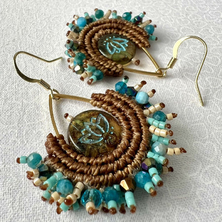 Luxury Brown & Blue Micro Macrame Earrings with Gemstone and glass +Free Microfiber Pouch