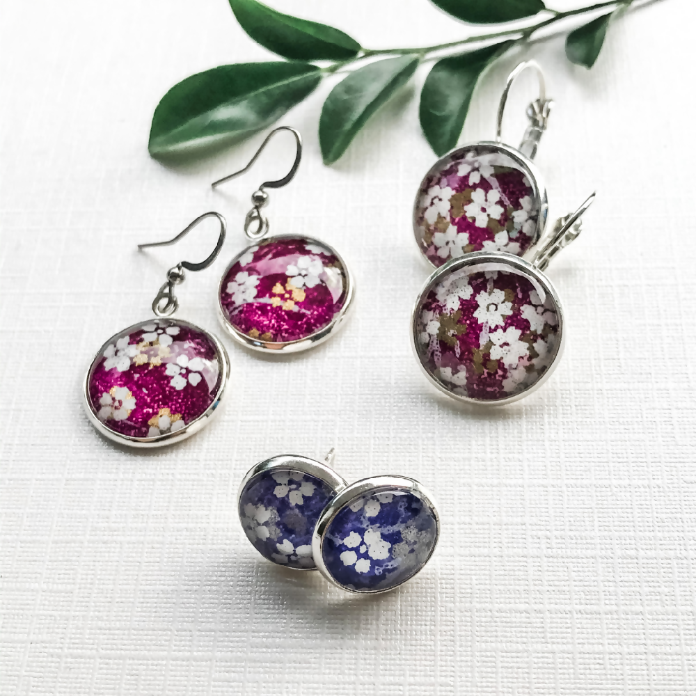 Little Blue Flower Earrings with Pink and Cream Flowers