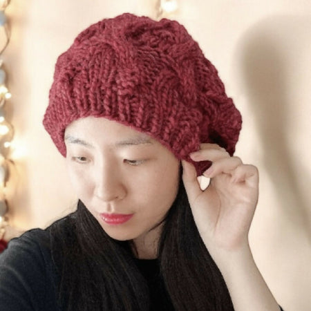 Cable hand Knit Slouchy Beanie in burgundy