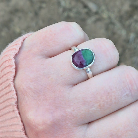 Ruby in Zoisite Hammered Silver Ring size P