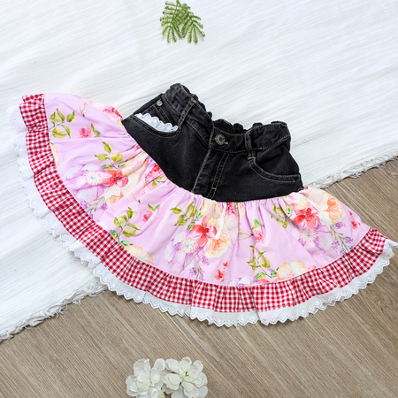 Girls skirt Upcycled Denim Red Gingham Size 2