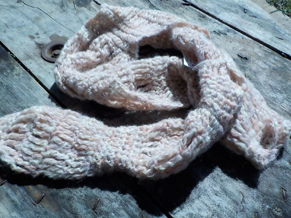 crocheted scarf in pale pinks mohair blend yarn