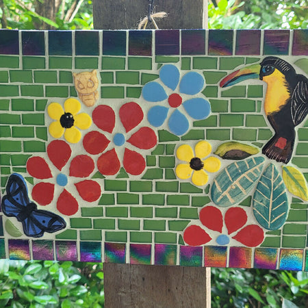 Toucan and Flowers Mosaic Hanging, Glass and Ceramic