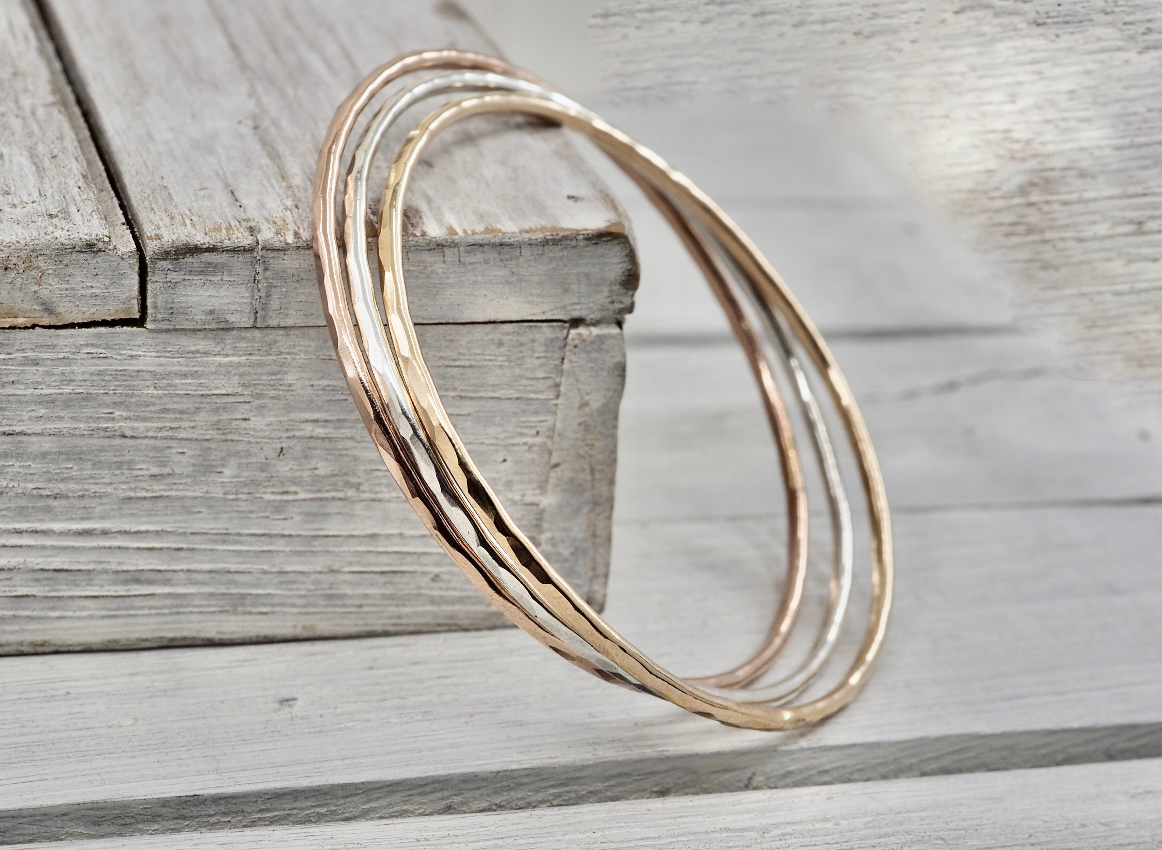 Skinny bangle set | Sterling silver and gold filled hammered bangles | Handmade in Perth, WA