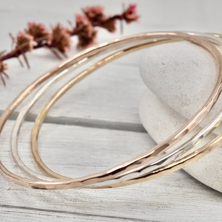 Skinny bangle set | Sterling silver and gold filled hammered bangles | Handmade in Perth, WA