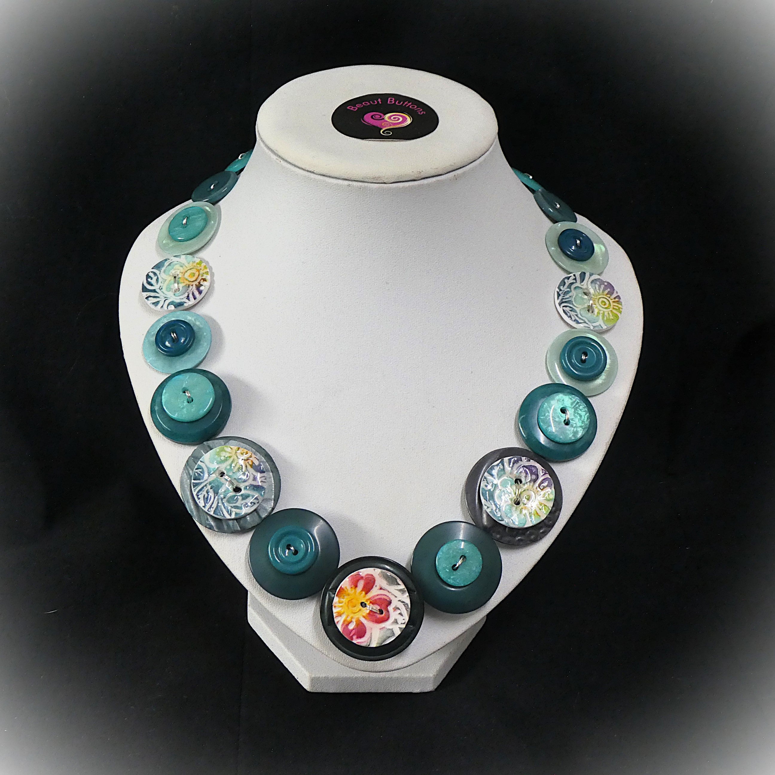 Button necklace and earrings - Blue Lagoon