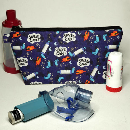 XL Asthma Puffer Pouch, Blue with a flaming Spacer Cadet Theme