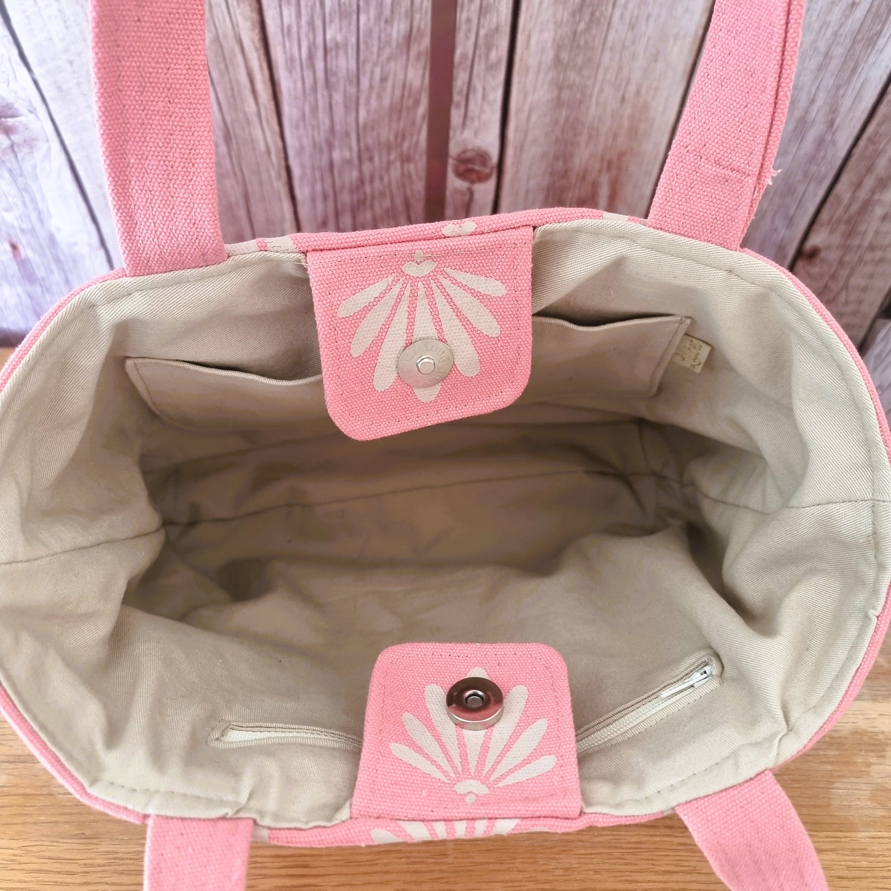 Upcycled tote bag - coral pink with fan/fleur de lis design