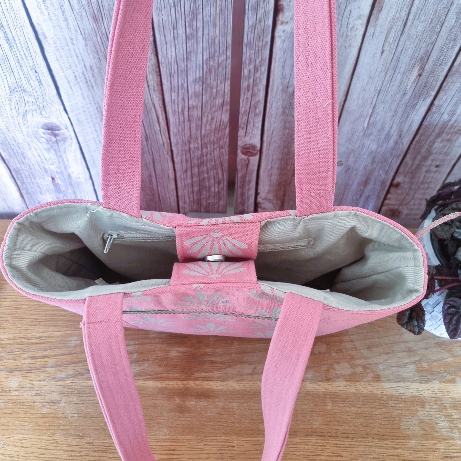 Upcycled tote bag - coral pink with fan/fleur de lis design