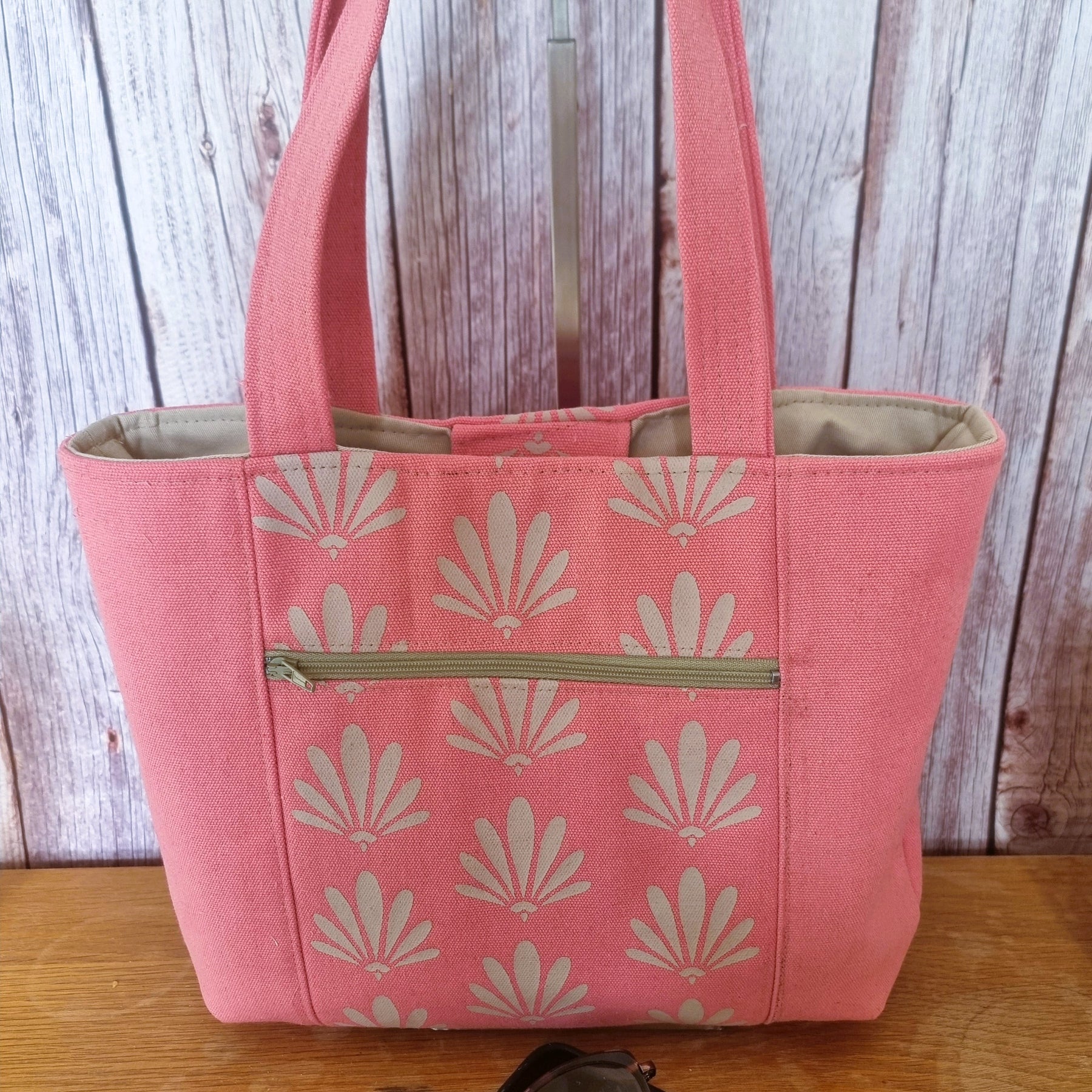 Upcycled tote bag - coral pink with fan/fleur de lis design