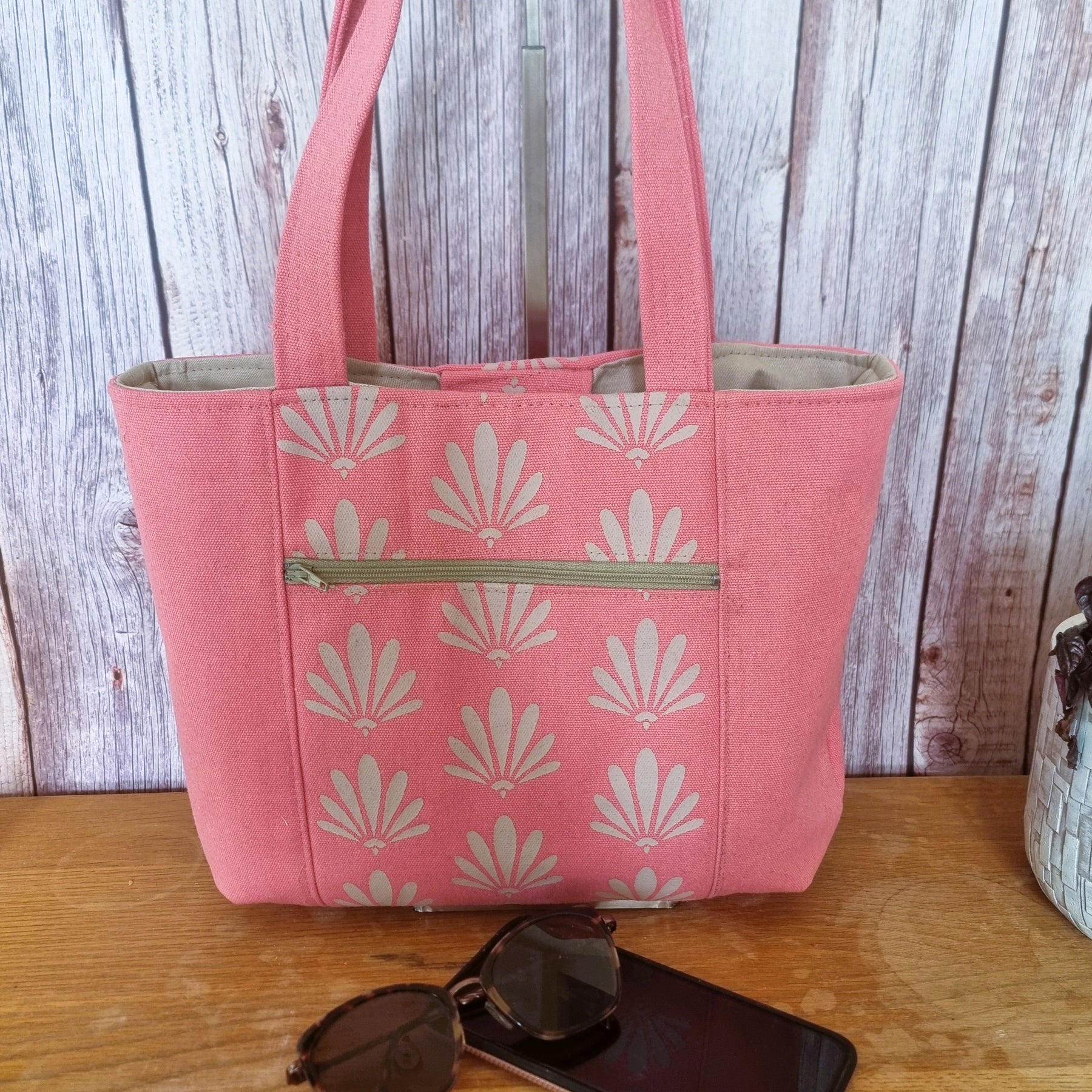 Upcycled tote bag - coral pink with fan/fleur de lis design