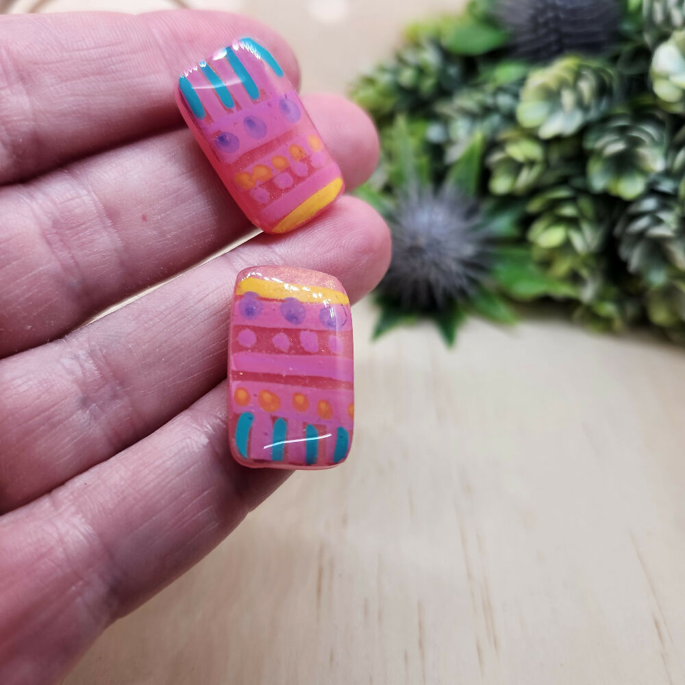 Stud Earrings Handpainted Rectangle Pink Stripes and Spots Resin