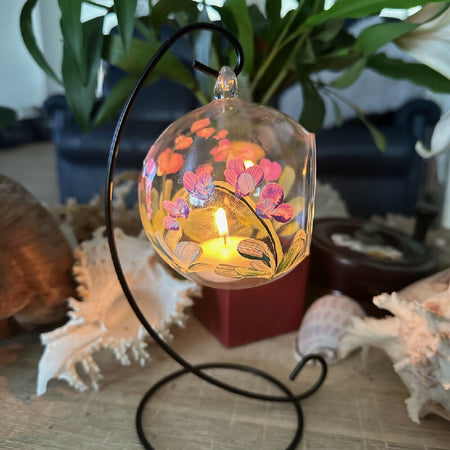 Glass Hanging Candle Holder Painted With Orchids