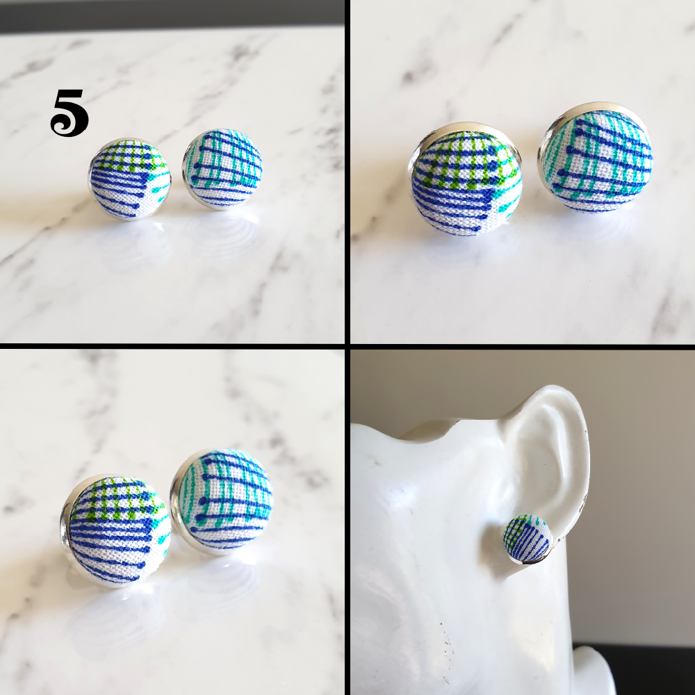 1.4cm Round Colourful Line cotton fabric Silver colour Cabochon stud earrings