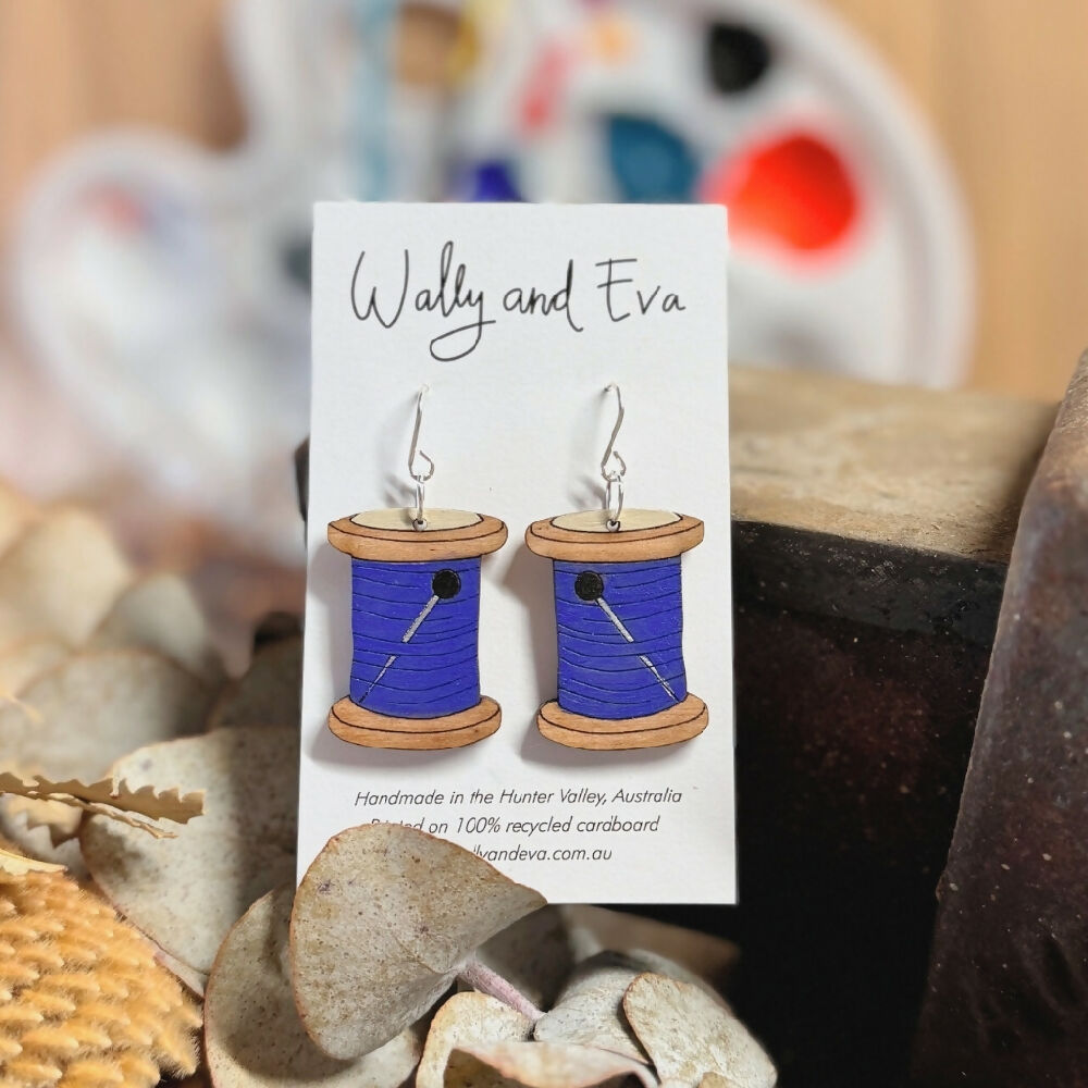 wally-and-eva-australian-hand-painted-wood-and-sterling-silver-purple-cotton-reel-earrings