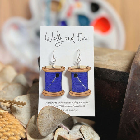 Purple Cotton Reel Hand Painted Wood Earrings