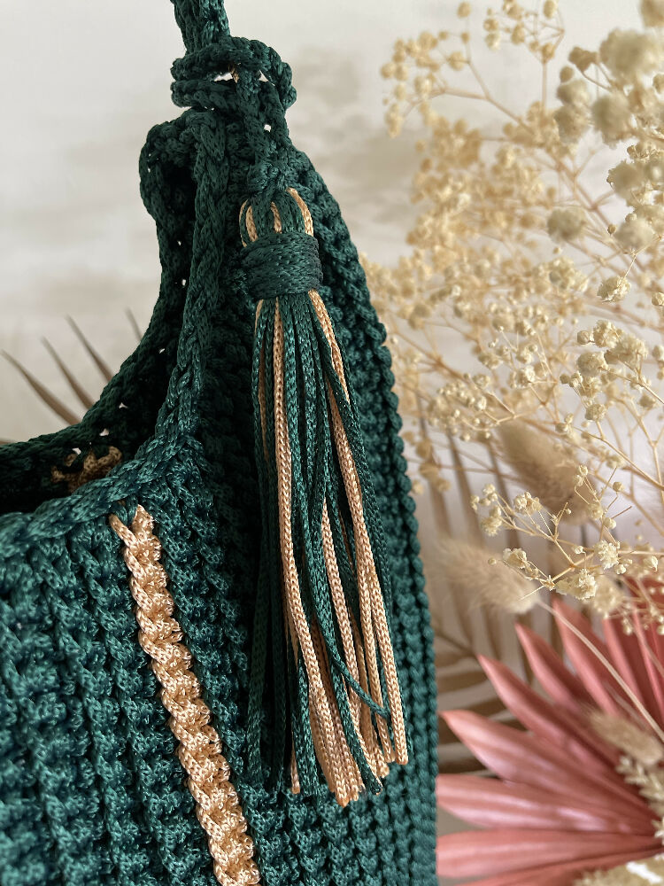 Crochet Stripe Bag, Lightweight Shoulder Strap, Tassel, Navy-White-Red or Green-Gold
