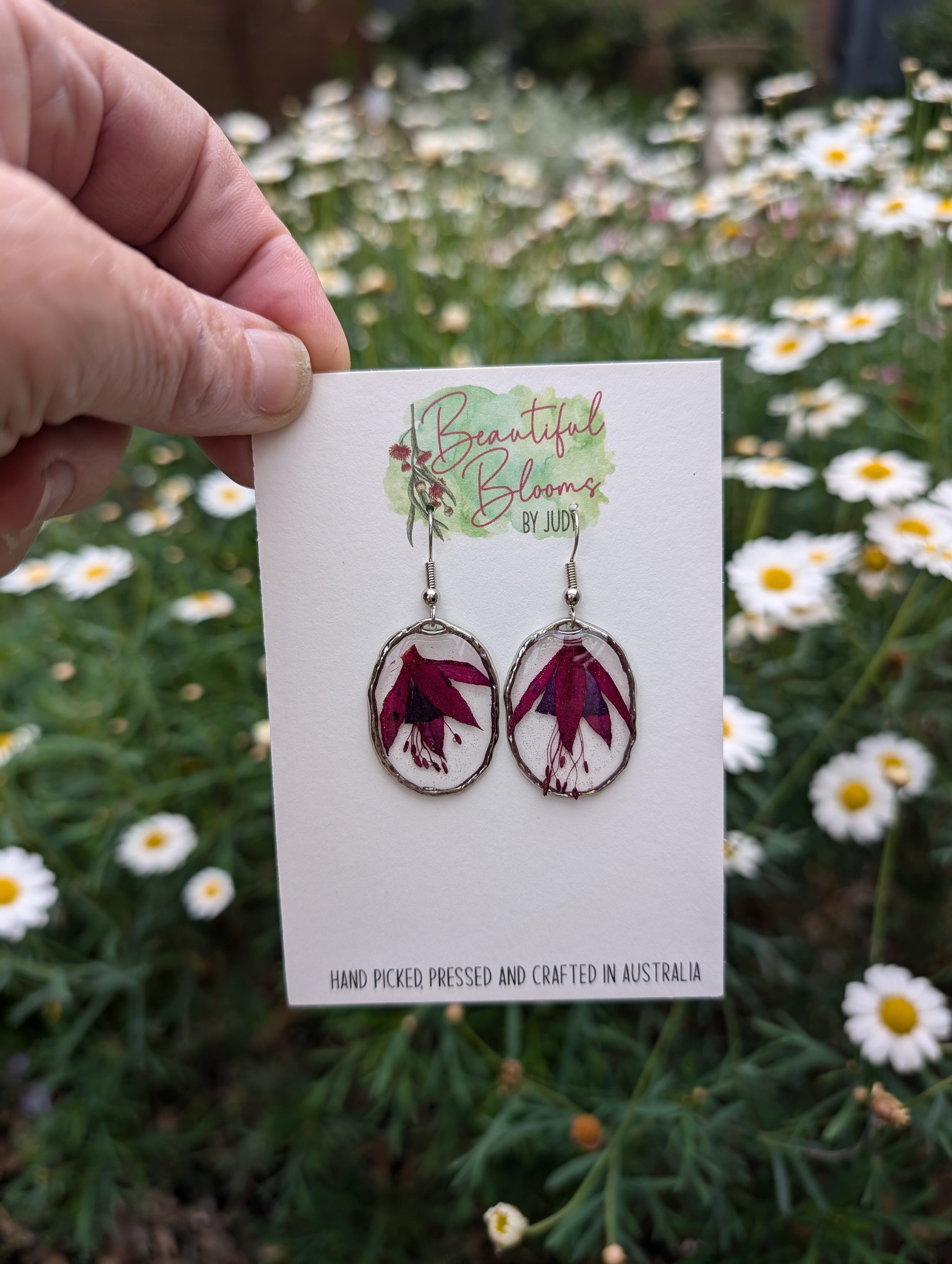Real flower earrings, Fuchsias