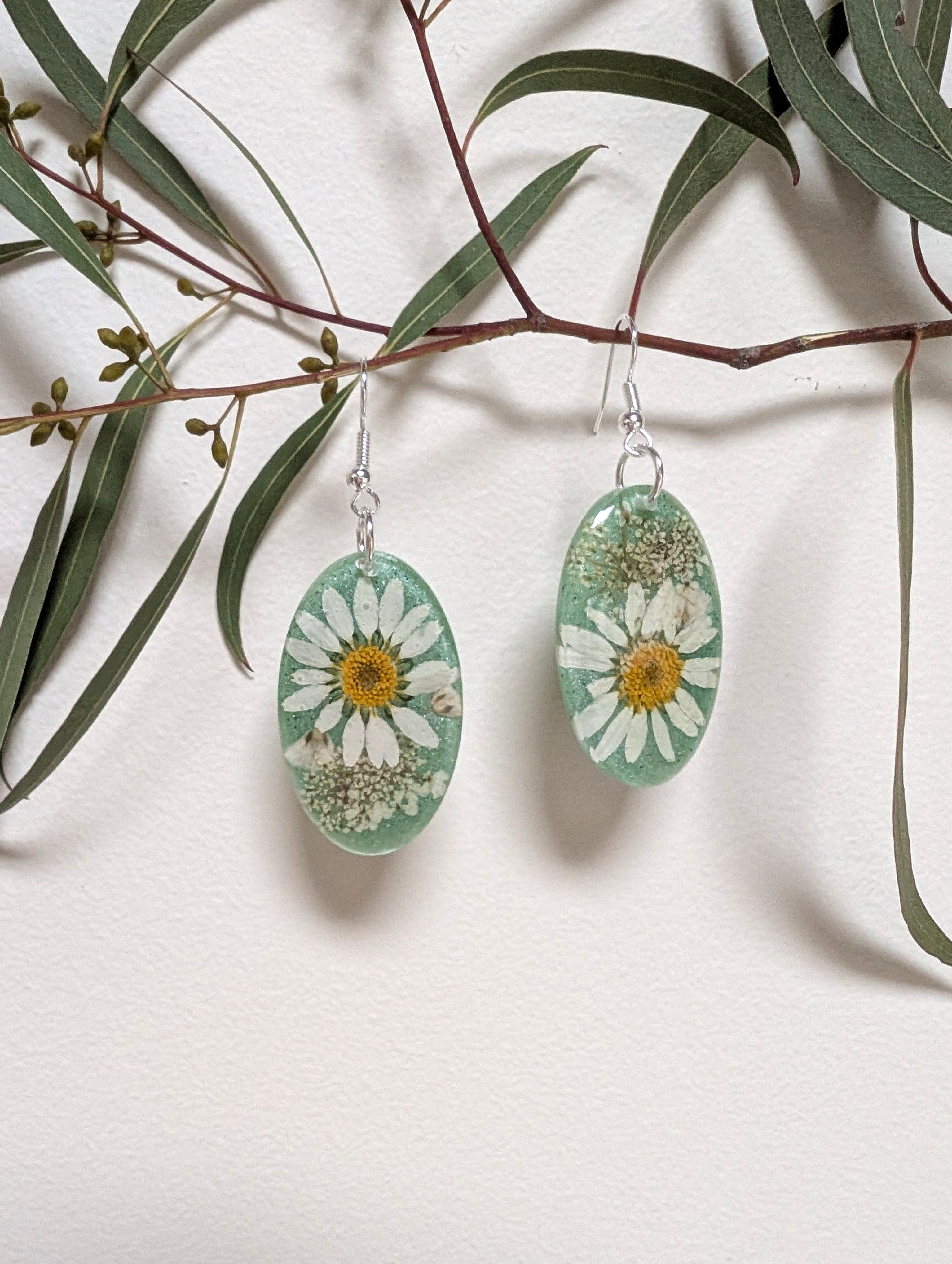 Real flowers, white daisies, oval, sage green