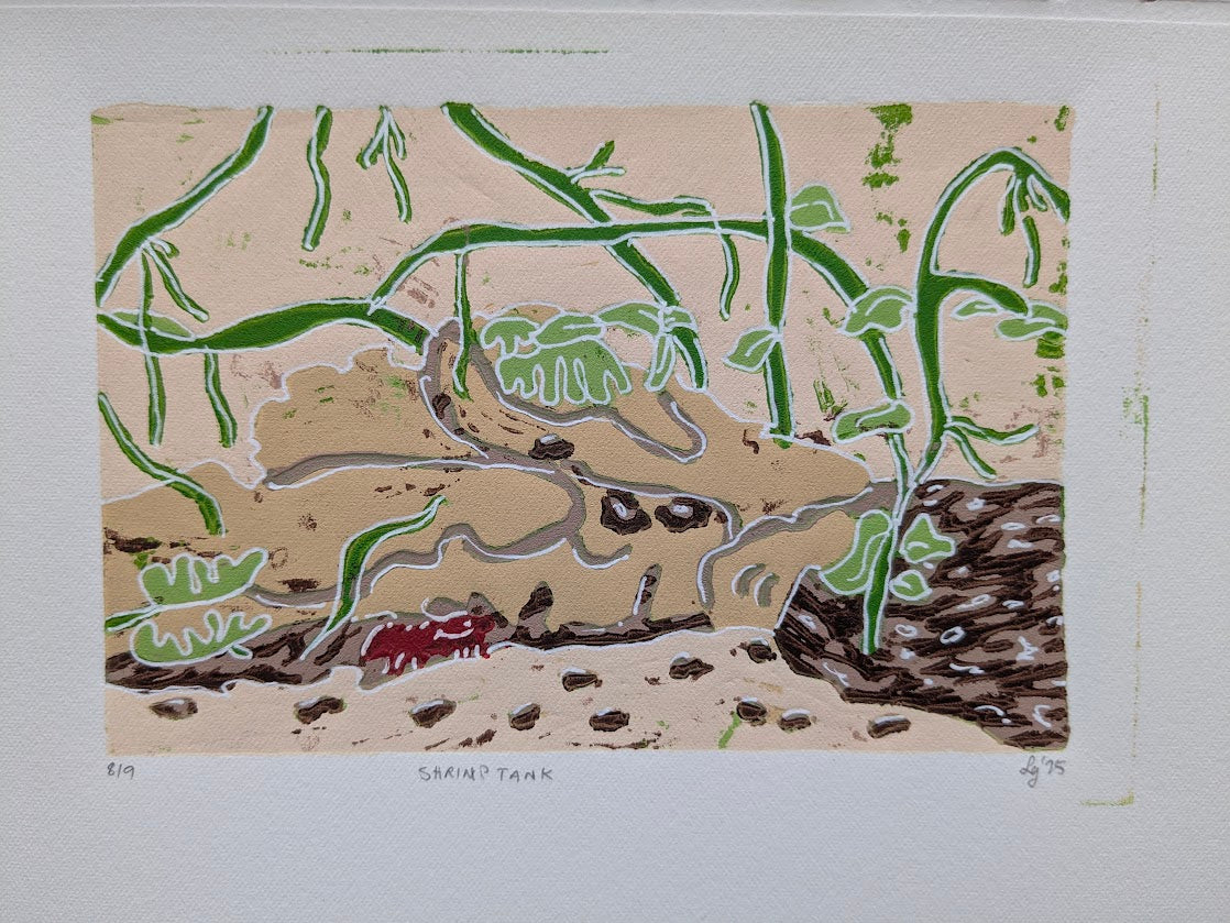 Shrimp Tank - original lino print