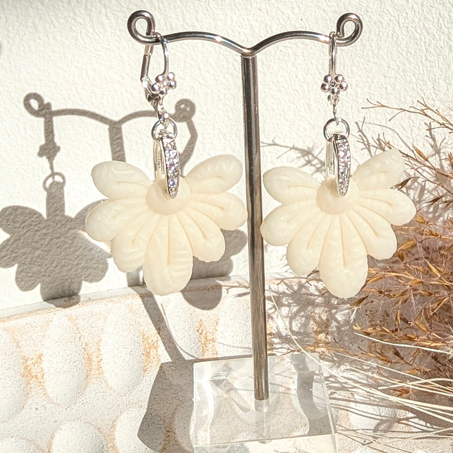 Creamy, White, Flower Drop Earrings. Free shipping.