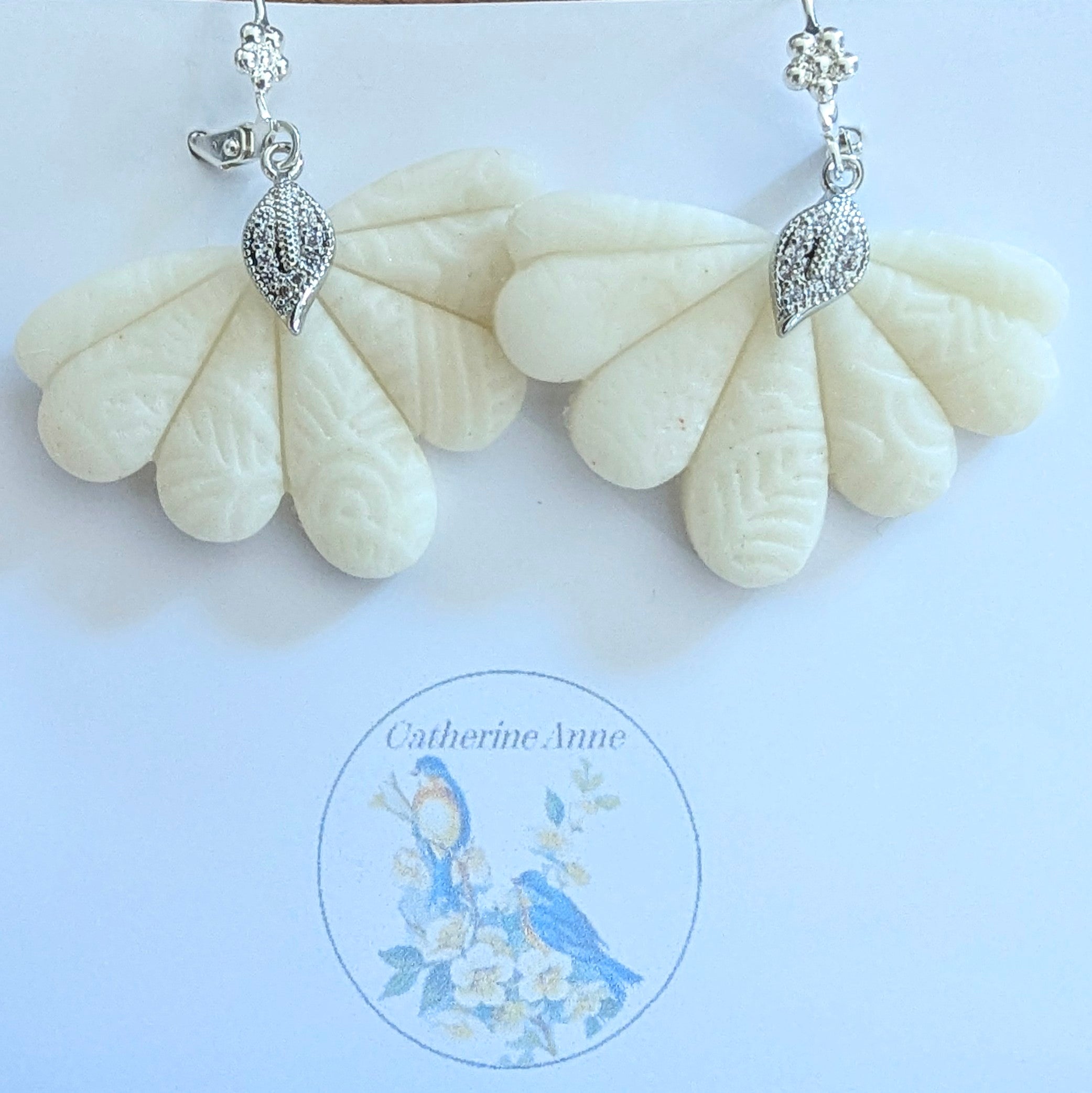 Cream and Silver Drop Earrings, Half Flower Design.
