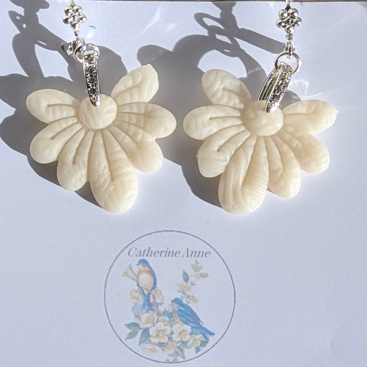 Creamy, White, Flower Drop Earrings. Free shipping.