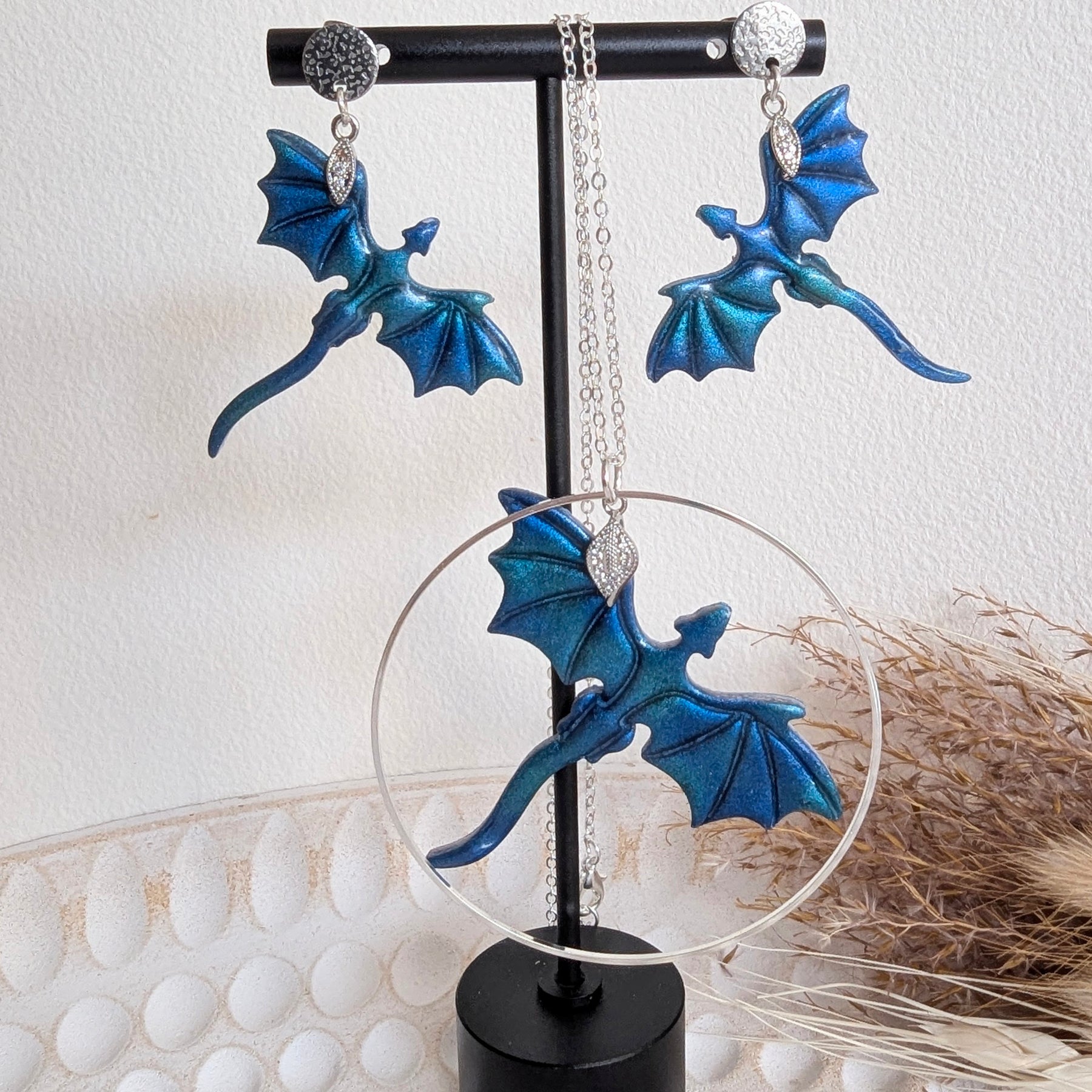 Shimmery Blue Dragon Pendant and Earrings Set