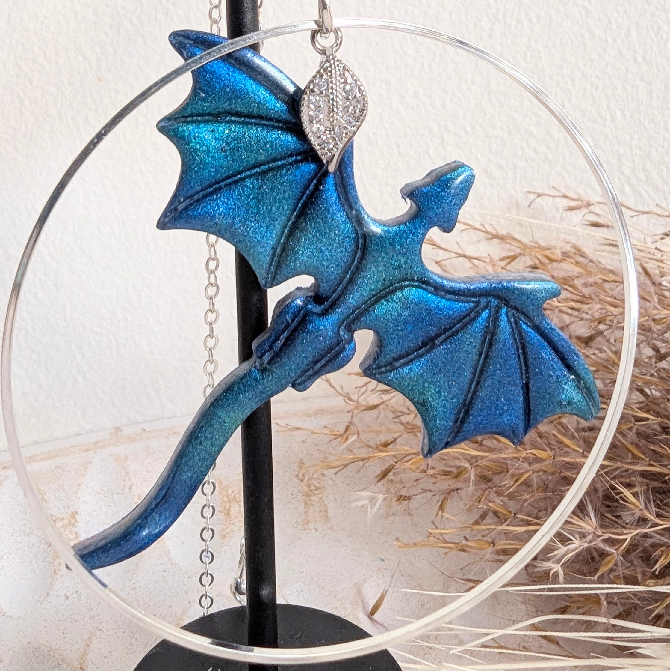 Shimmery Blue Dragon Pendant and Earrings Set
