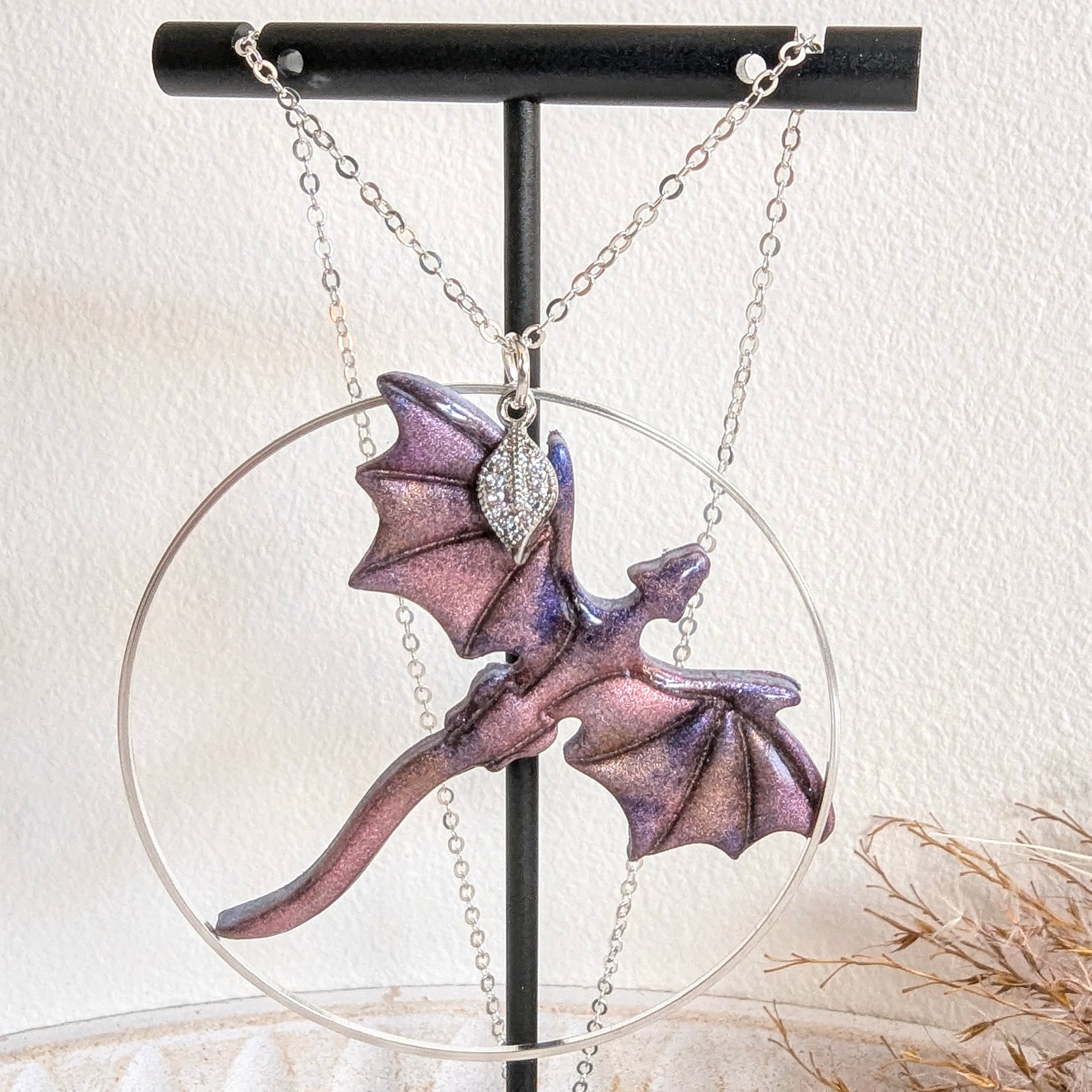 Shimmery Pink and Purple Dragon Pendant and Earrings