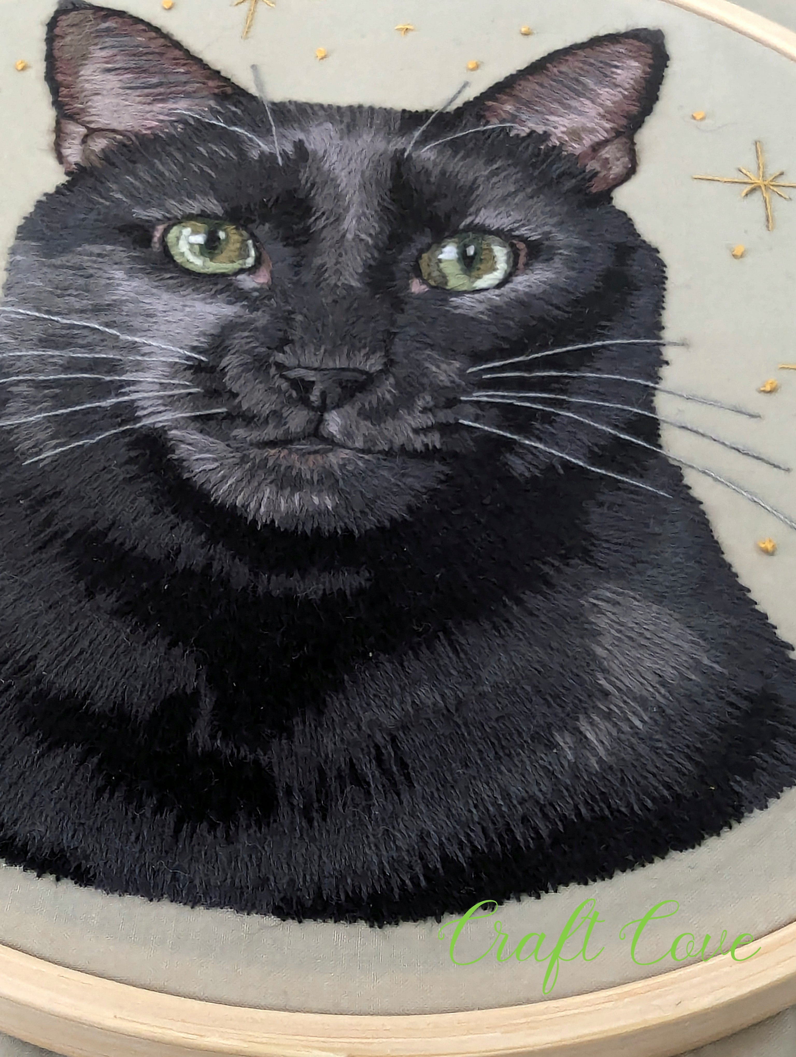 Black Cat Thread Painting – Hand Embroidered Pet Portrait in Hoop