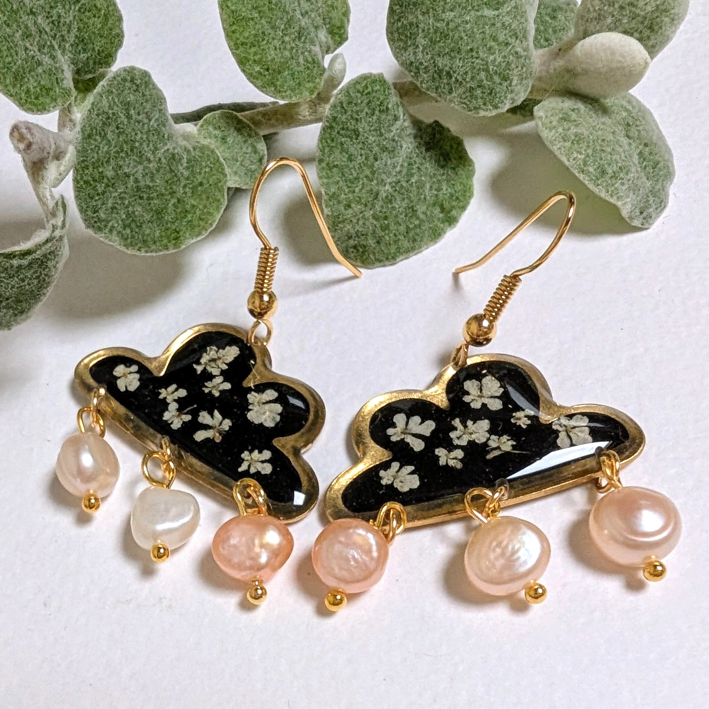 Real flower earrings, cloud, fresh water pearls