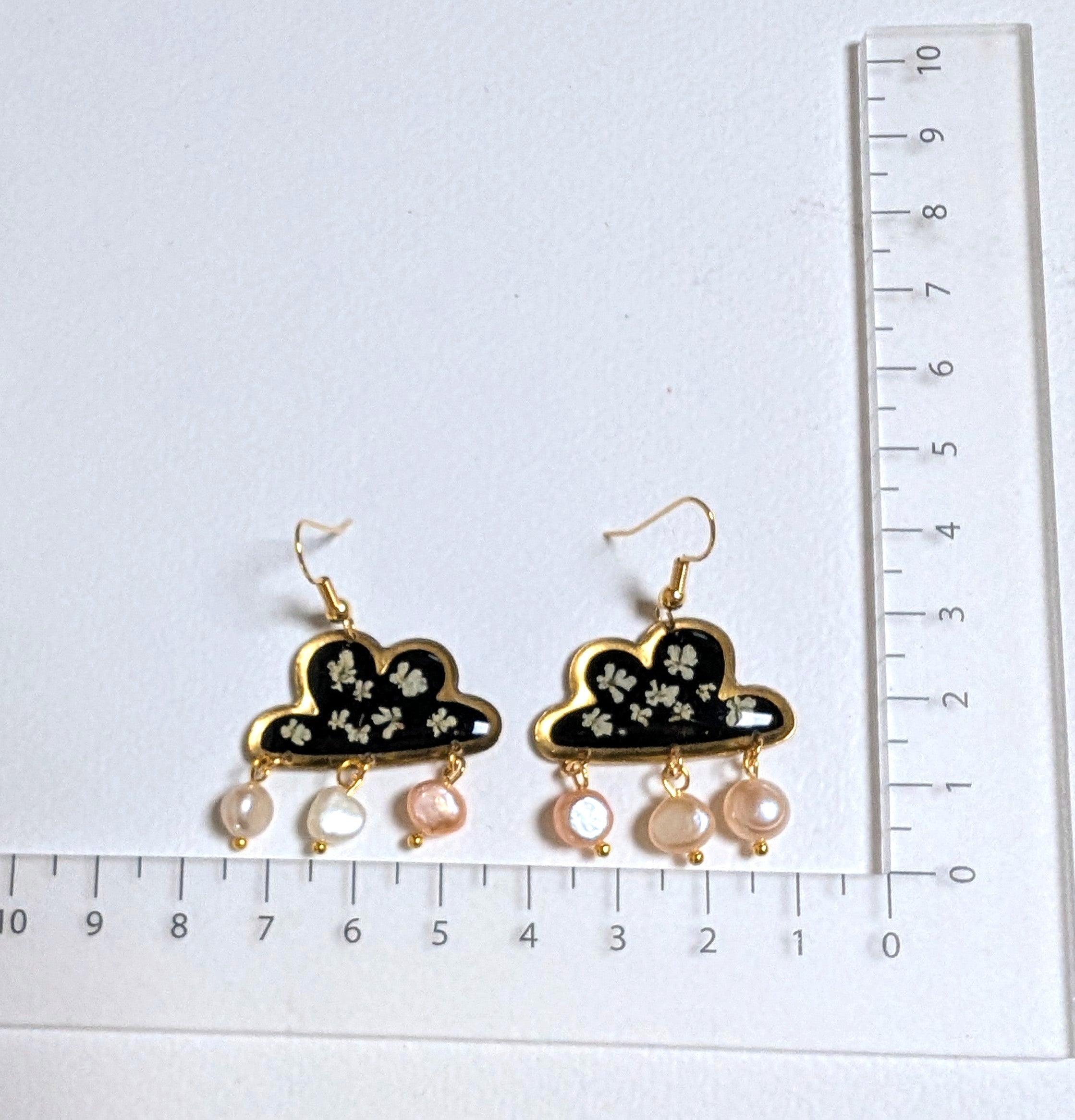 Real flower earrings, cloud, fresh water pearls
