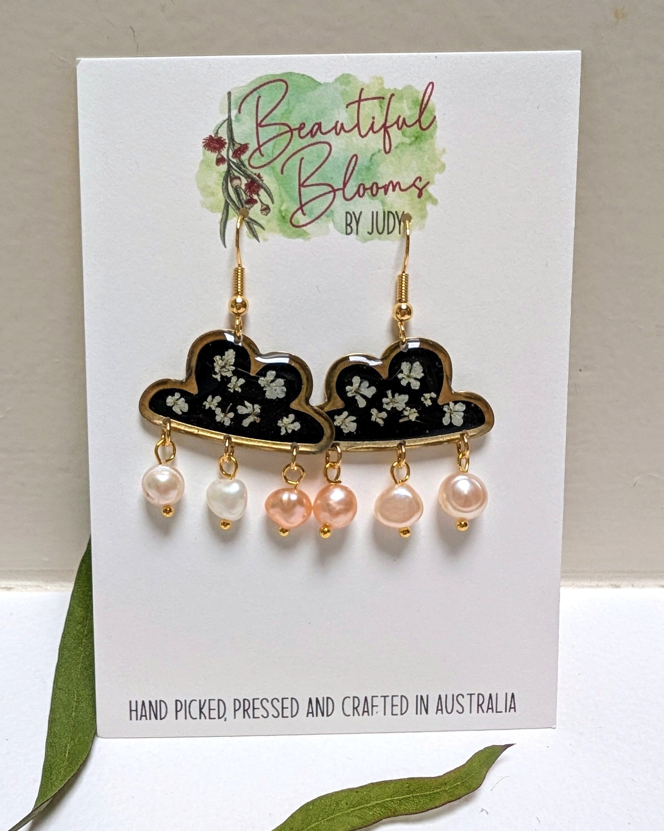 Real flower earrings, cloud, fresh water pearls
