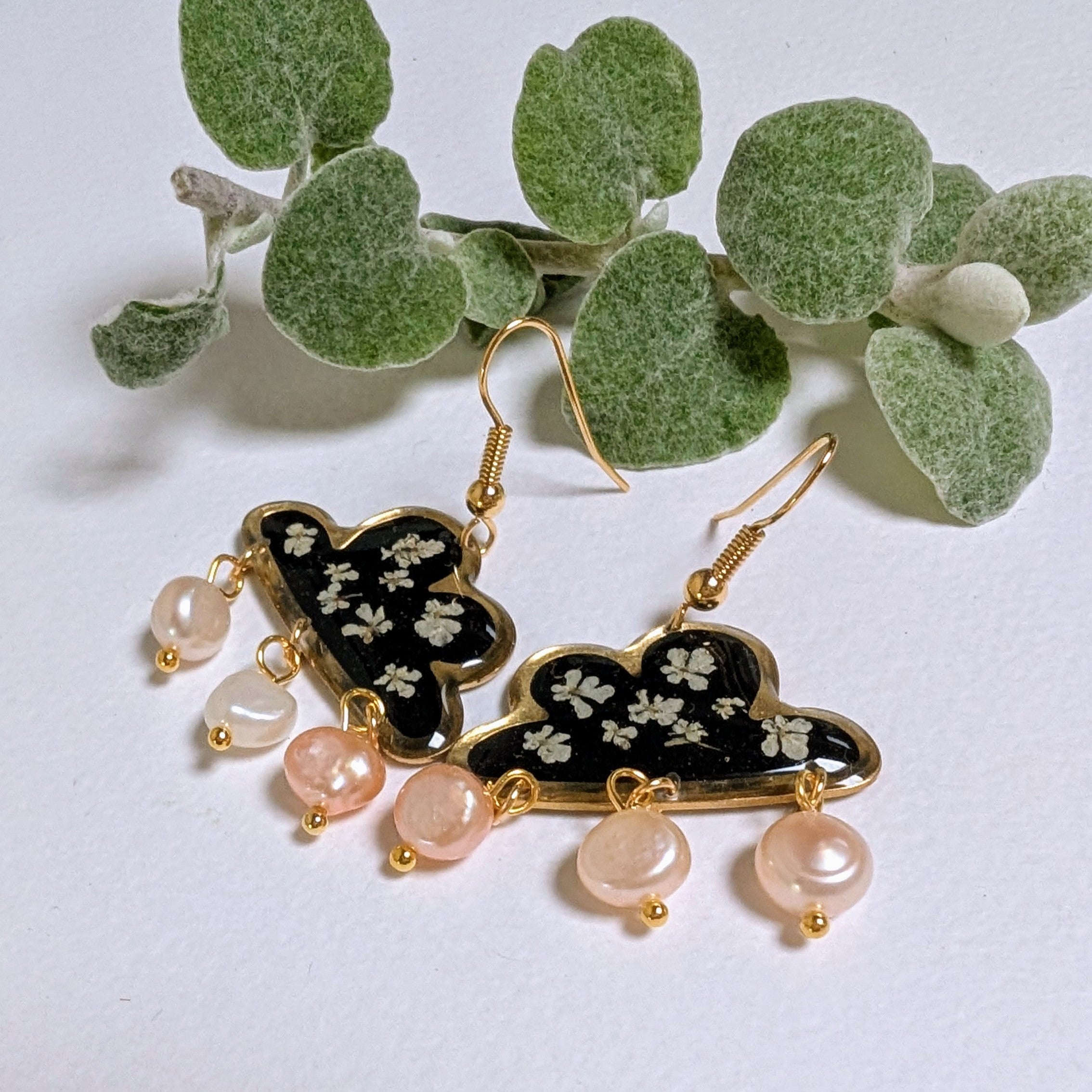 Real flower earrings, cloud, fresh water pearls