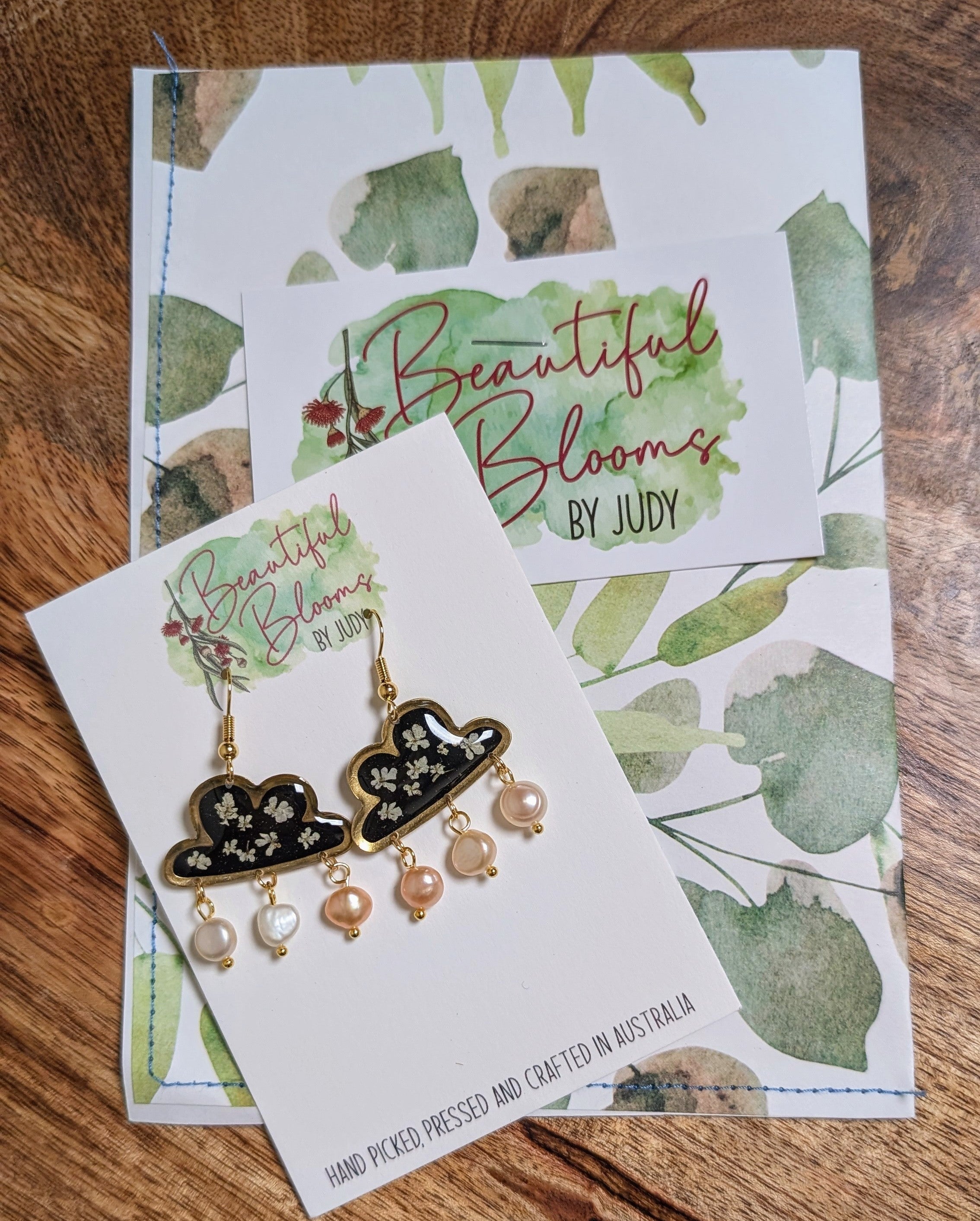 Real flower earrings, cloud, fresh water pearls