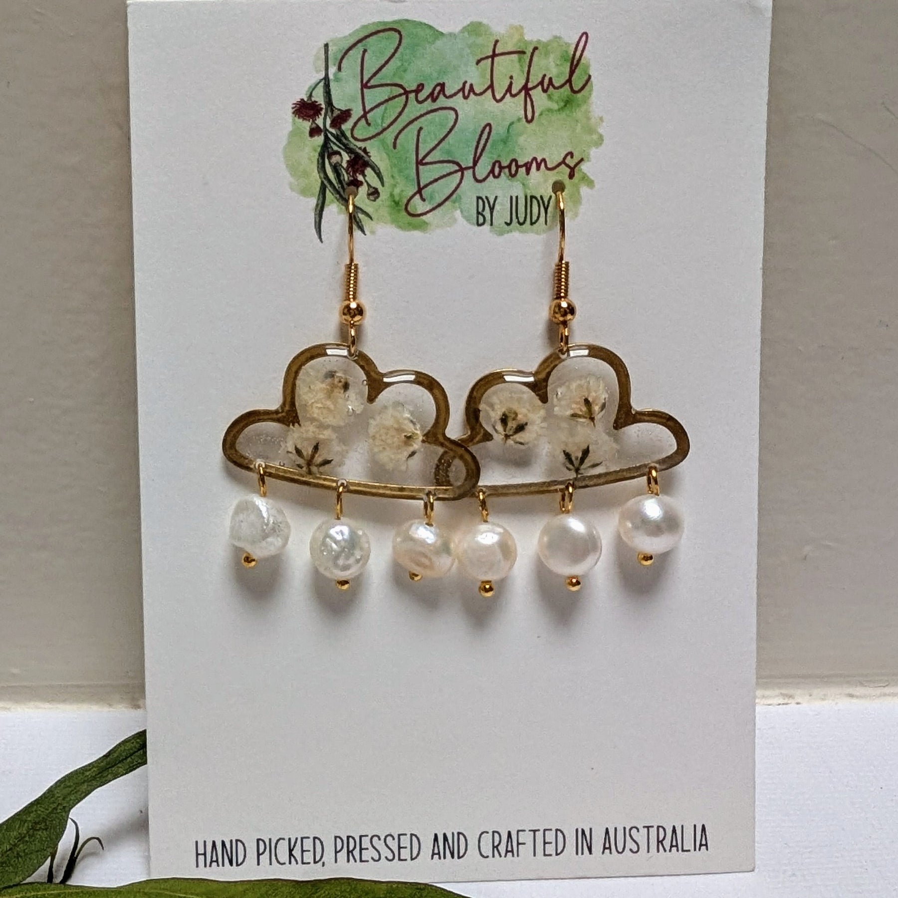 Real flower earrings, fresh water pearls, clouds