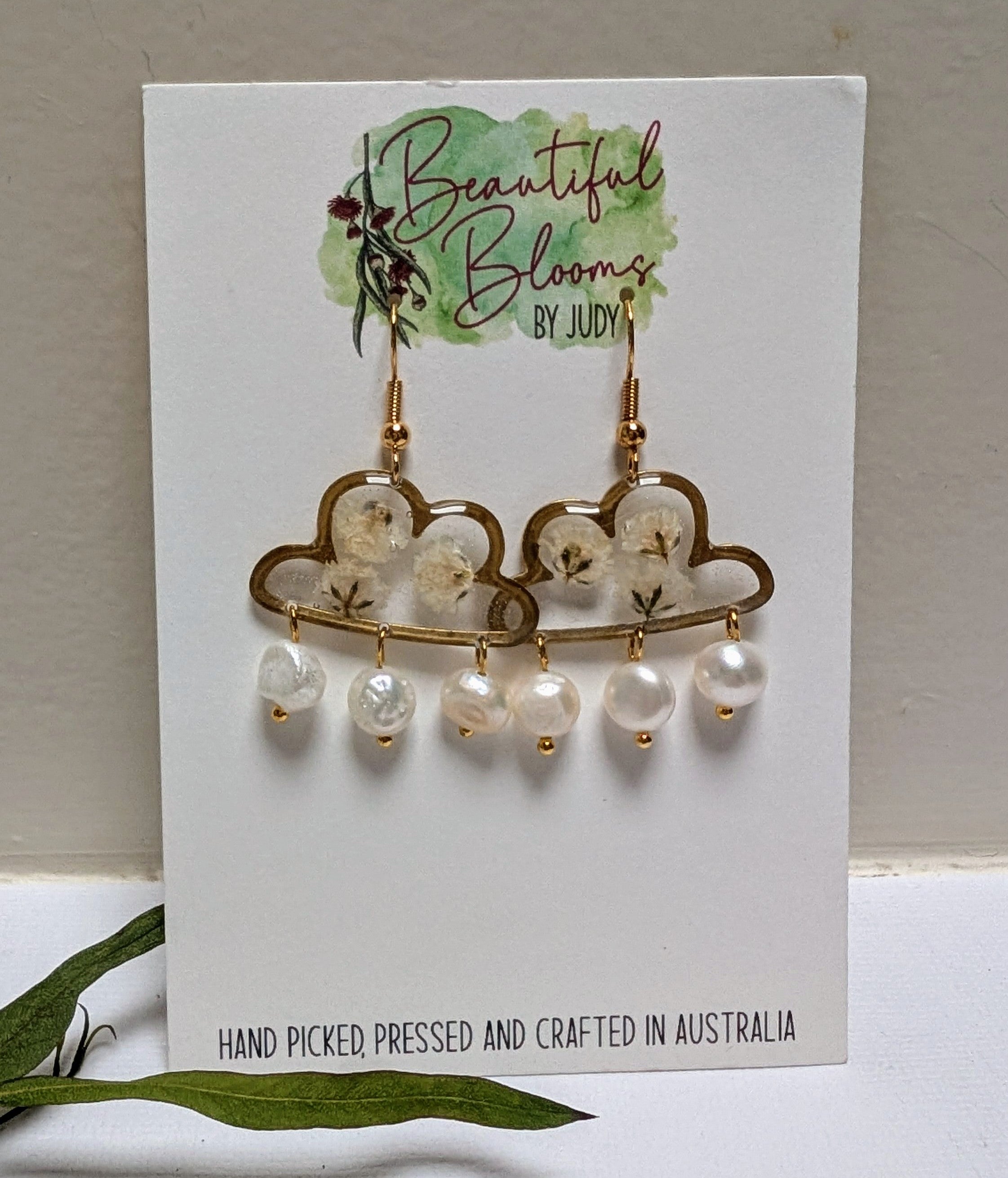 Real flower earrings, fresh water pearls, clouds