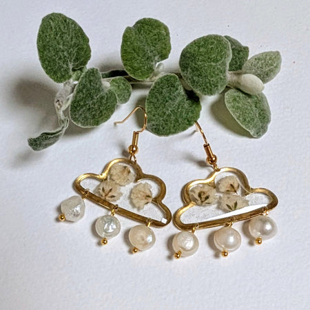 Real flower earrings, fresh water pearls, clouds