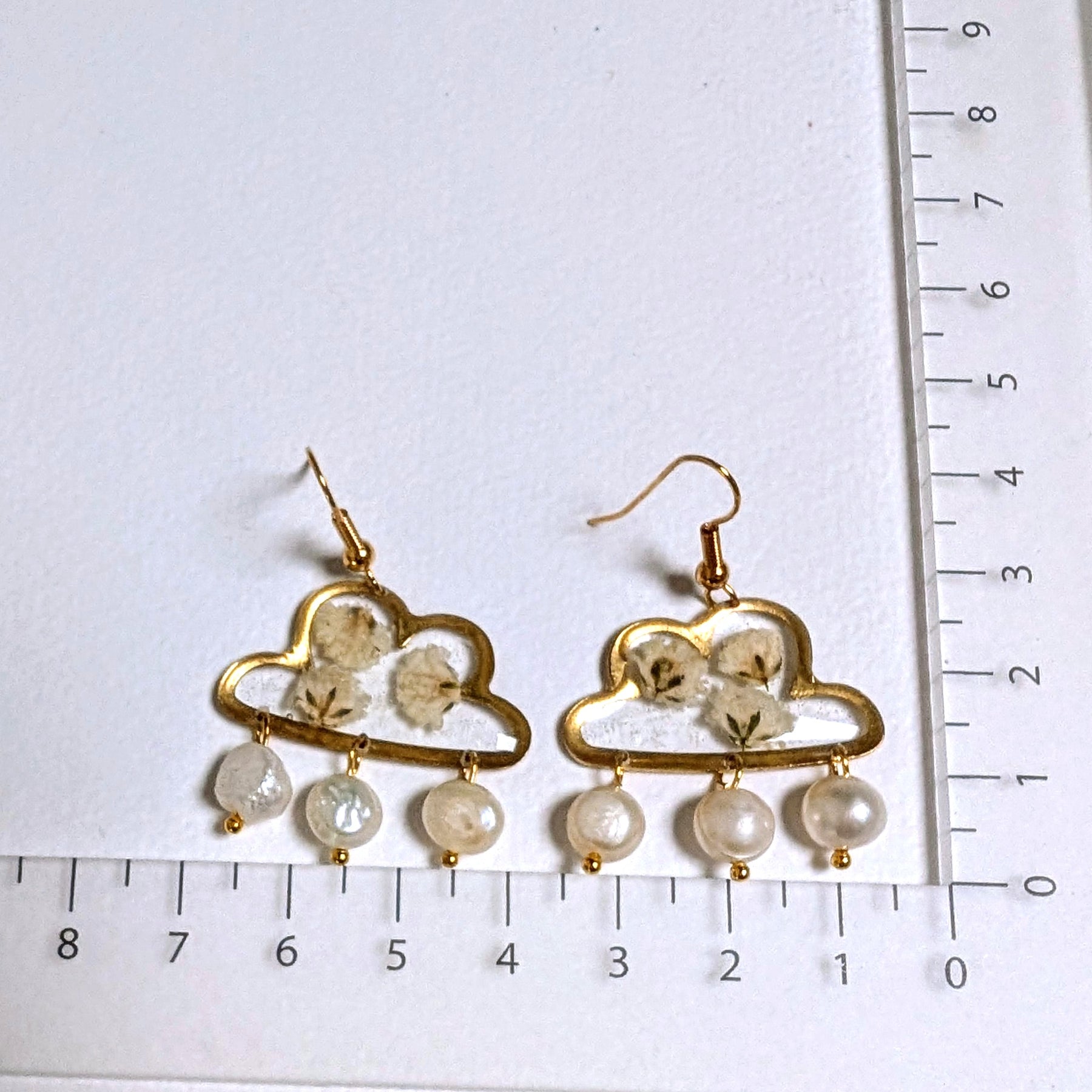 Real flower earrings, fresh water pearls, clouds
