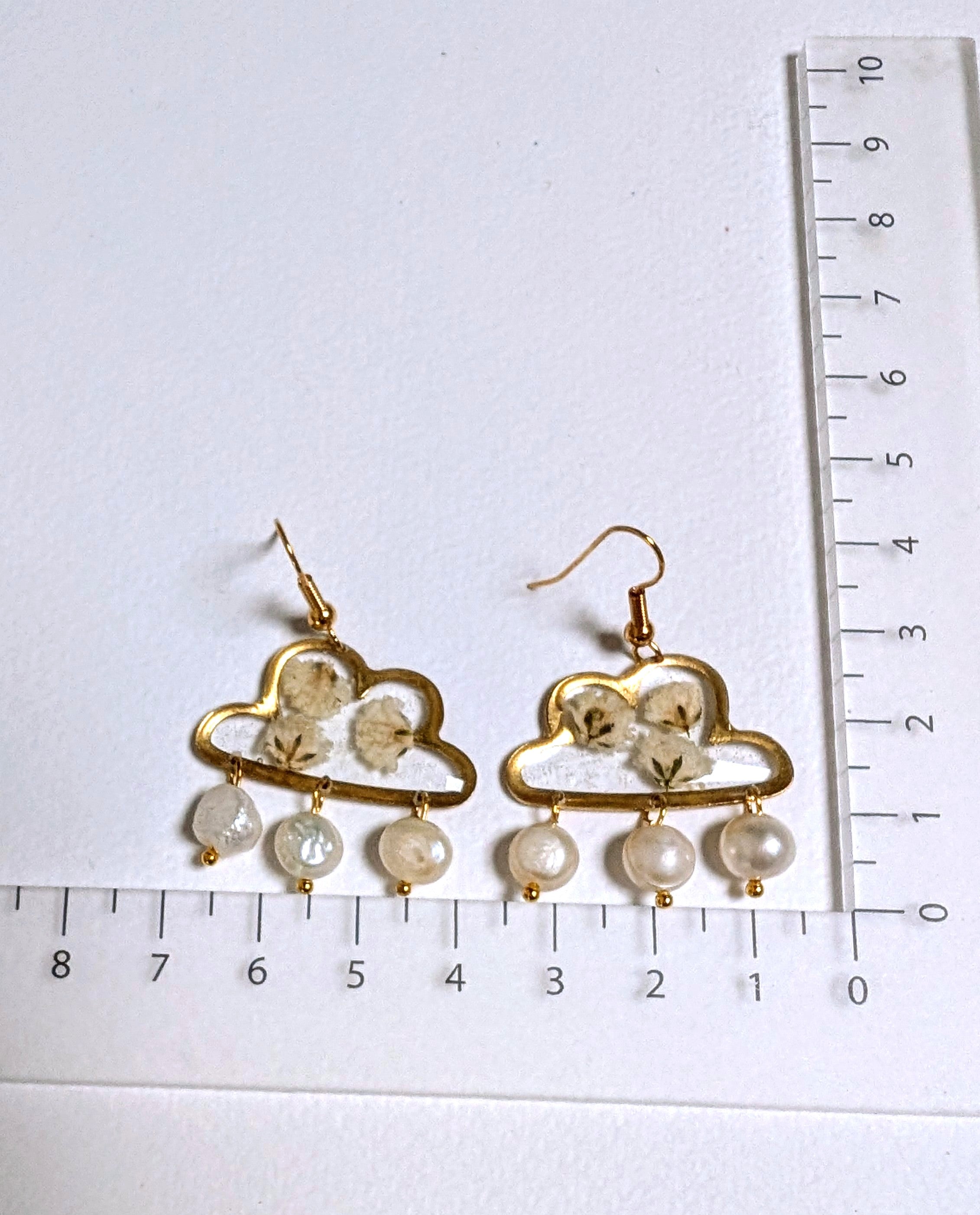 Real flower earrings, fresh water pearls, clouds