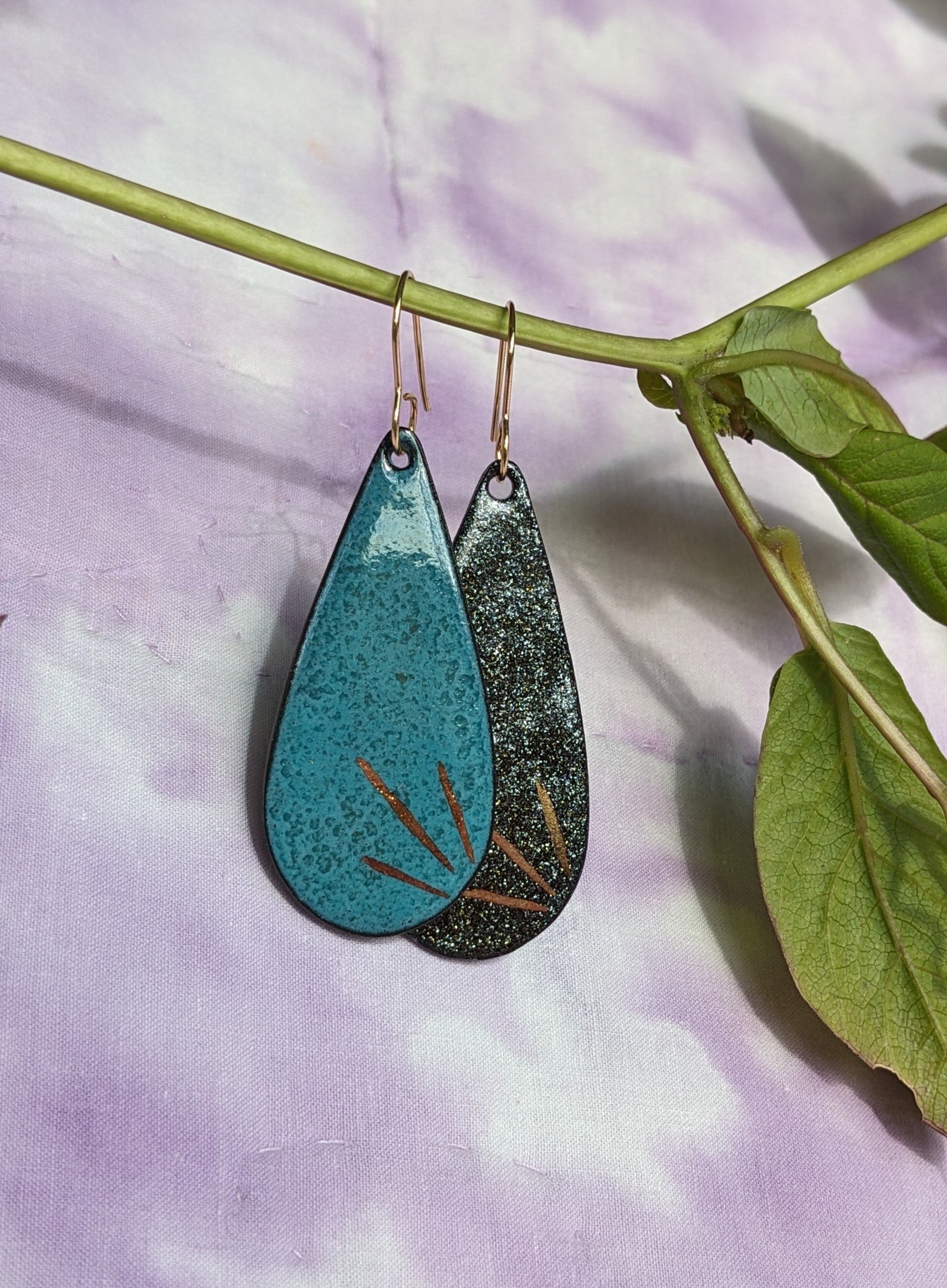 Lightweight Ceramic Sisters Teardrop Earrings, Black, Blue, Green, Gold, Sparkle
