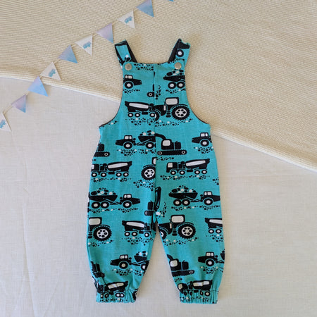 Aqua Construction Trucks - Handmade Kids Long Overalls, 3-6m