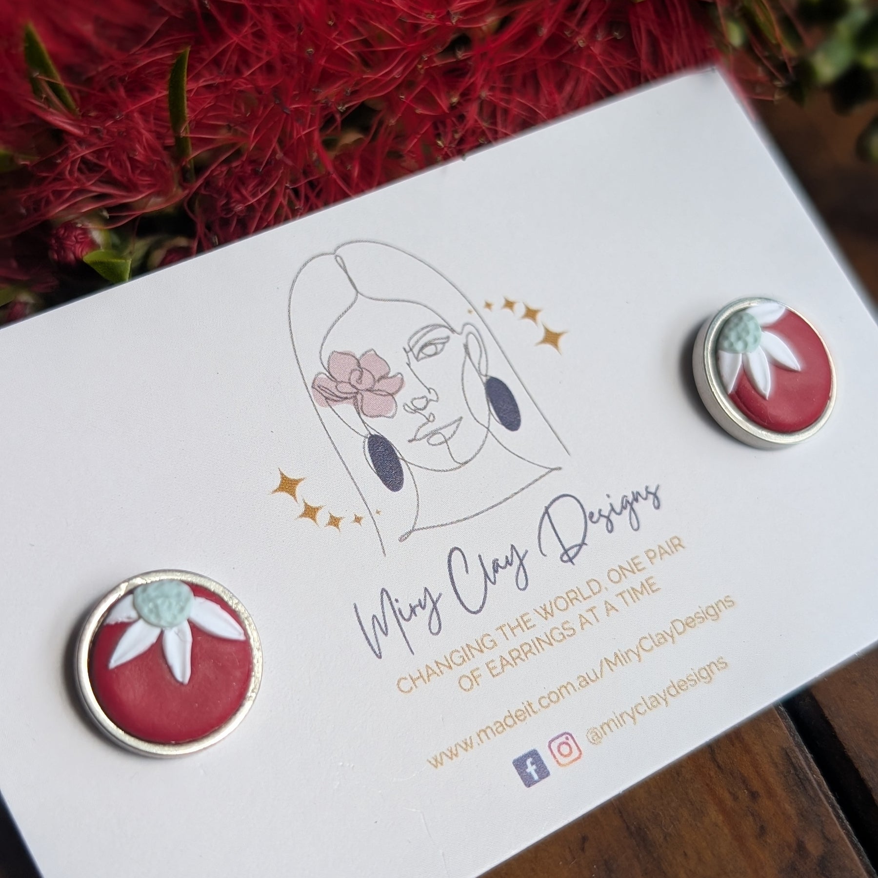 Simple red Flannel flower Studs