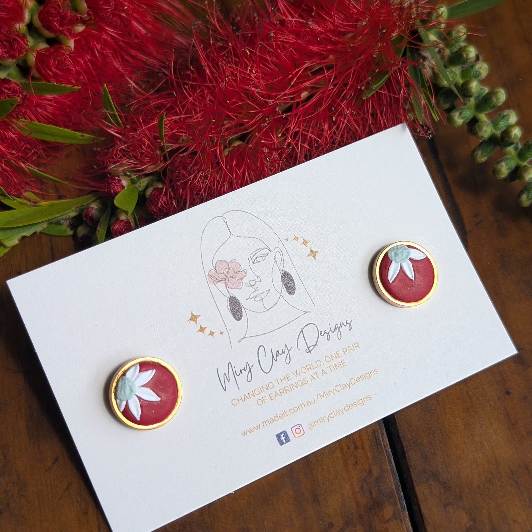 Simple red Flannel flower Studs