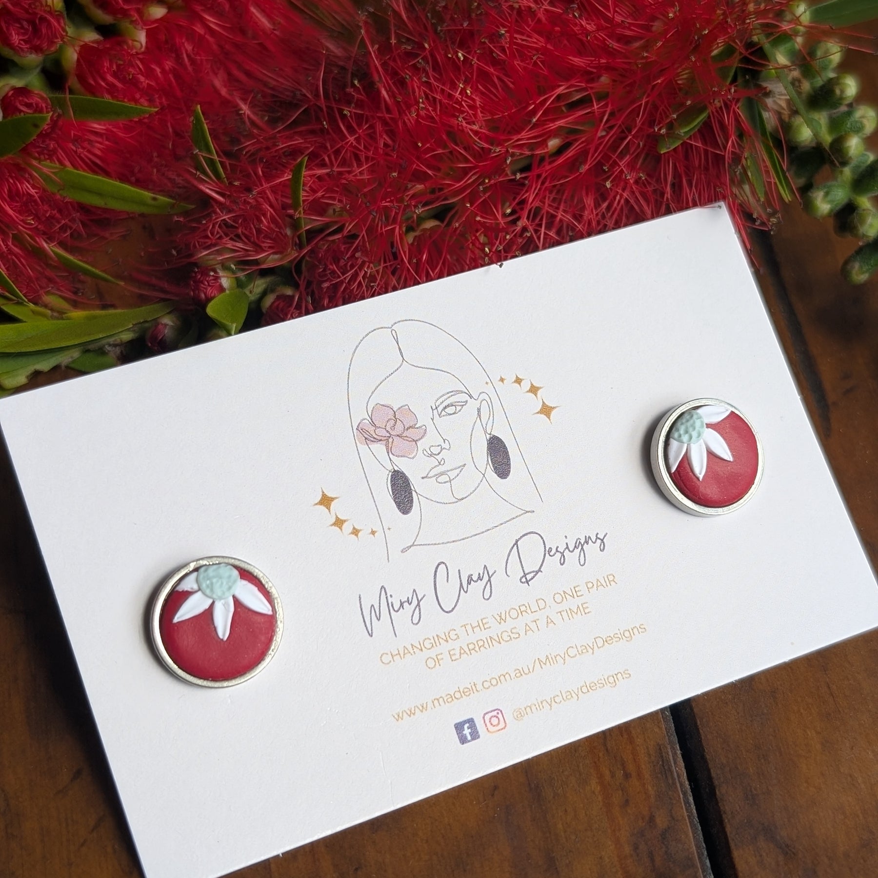 Simple red Flannel flower Studs