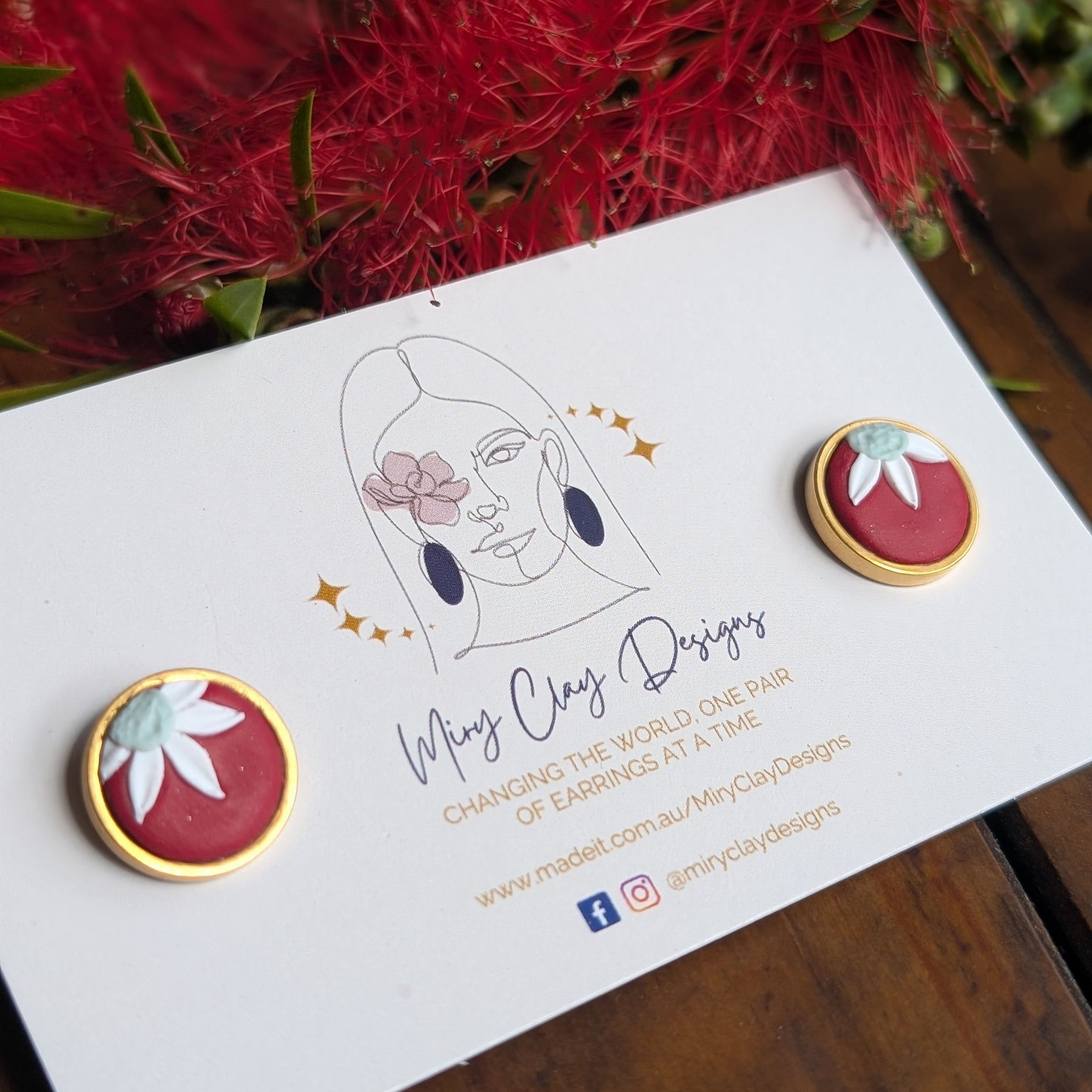 Simple red Flannel flower Studs