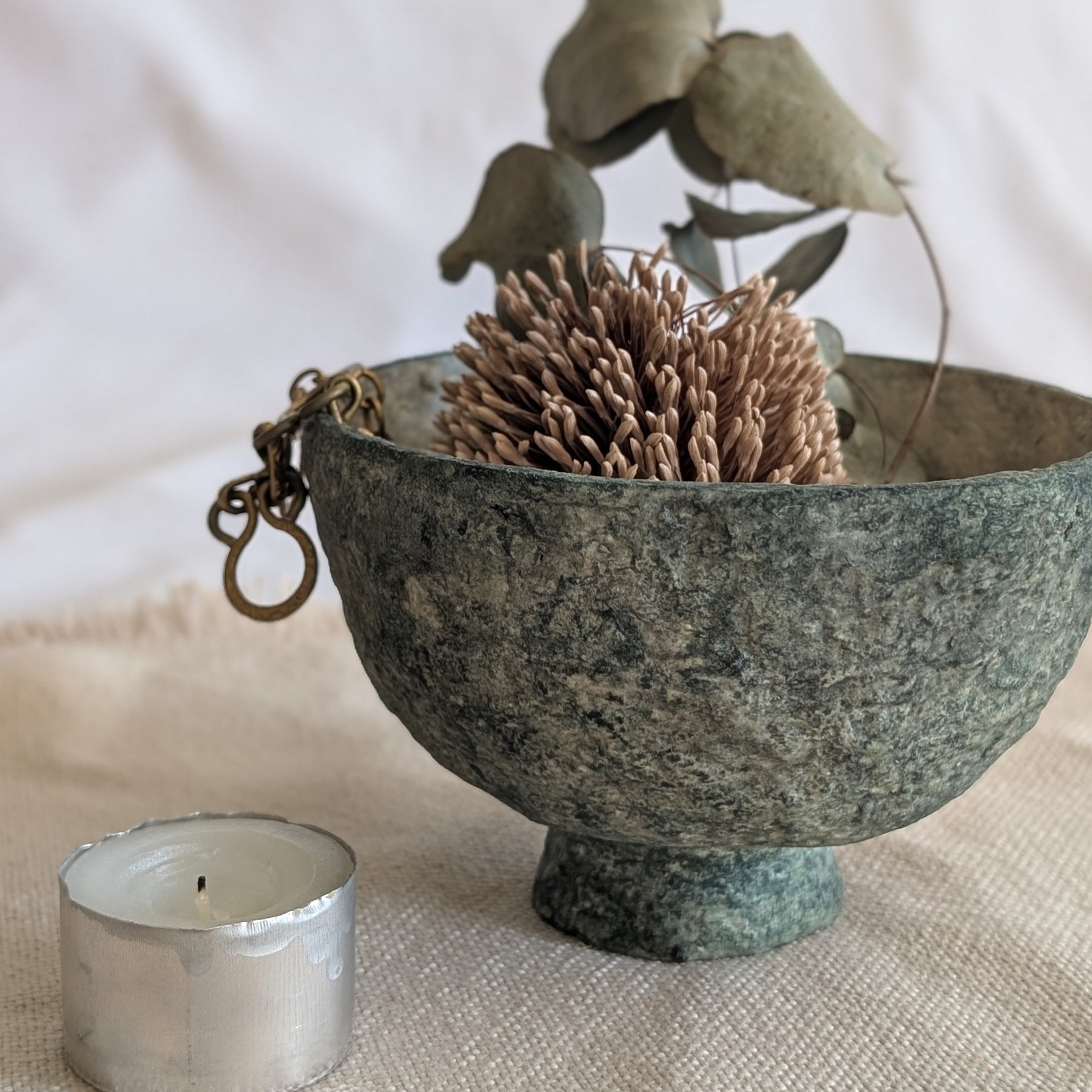 Paper Clay Small Pedestal Bowl - Moss Green