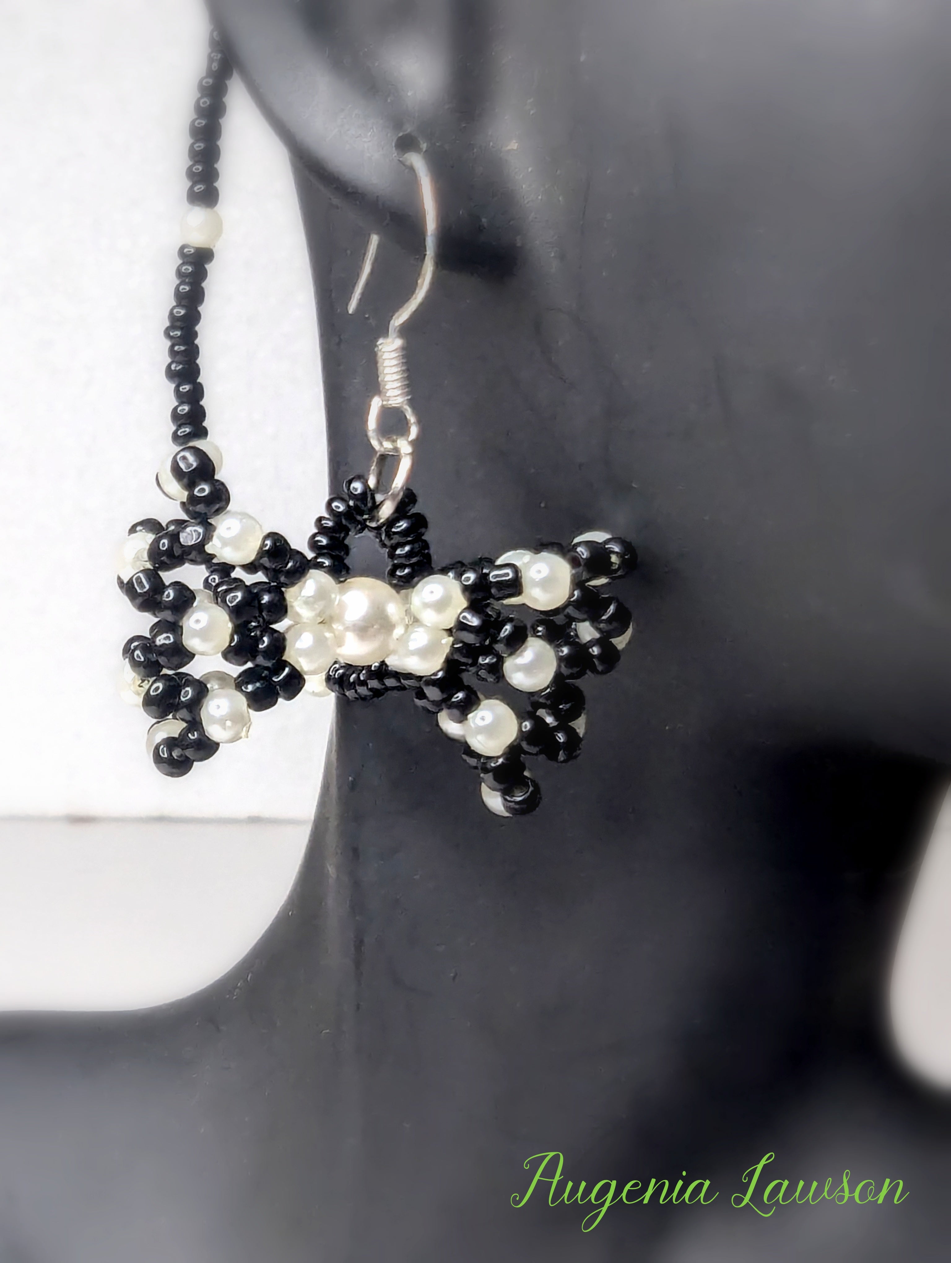 3d Black & White Beaded Bow Hearing Aid Earrings – Cute & Clever Safety Jewellery