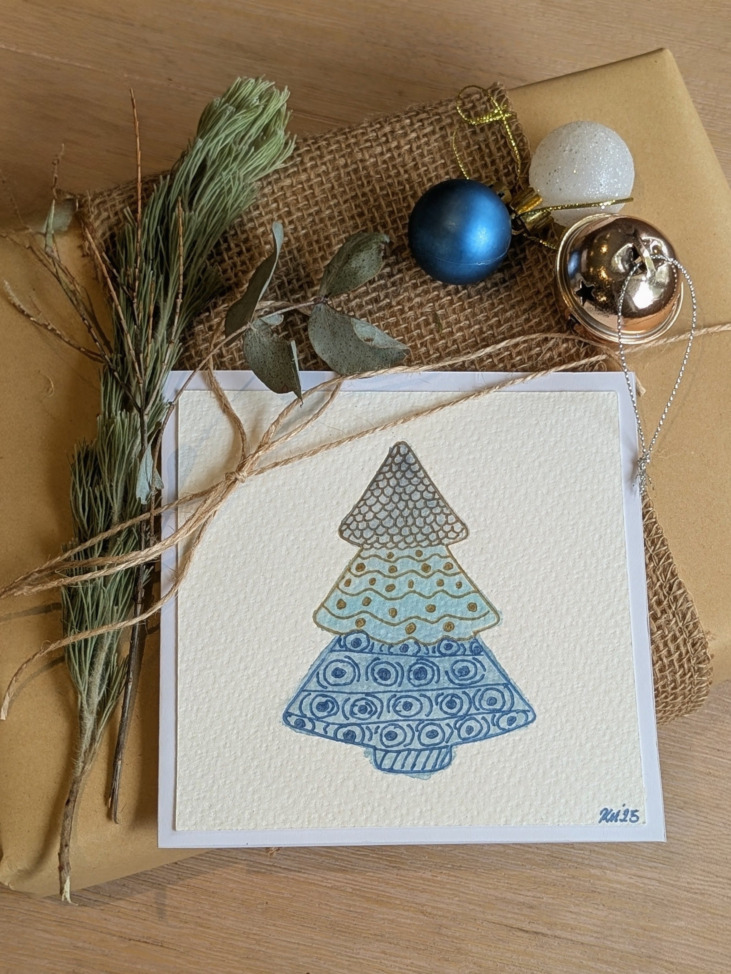 Coastal Christmas Tree Card – Watercolour Art with Australian Beach-Inspired Patterns